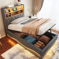 Lit 90x200 cm avec rangement hydraulique et éclairage LED pilotable, tête de lit avec port USB