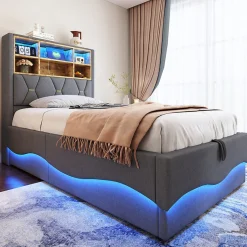 Lit 90x200 cm avec rangement hydraulique et éclairage LED pilotable, tête de lit avec port USB