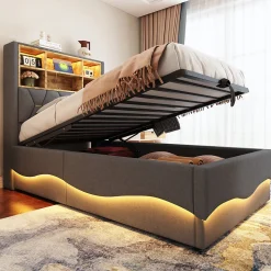 Lit 90x200 cm avec rangement hydraulique et éclairage LED pilotable, tête de lit avec port USB