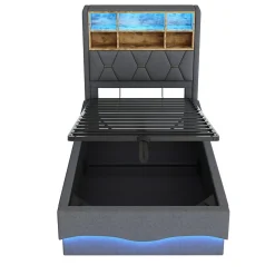 Lit 90x200 cm avec rangement hydraulique et éclairage LED pilotable, tête de lit avec port USB