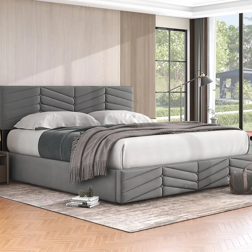 Lit 160x200 cm avec rangement hydraulique, tête de lit réglable et revêtement velours gris élégant