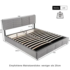 Lit 160x200 cm avec rangement hydraulique, tête de lit réglable et revêtement velours gris élégant