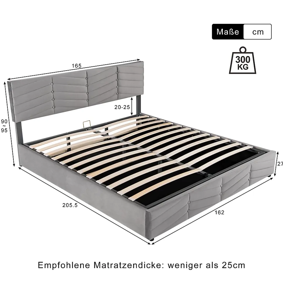 Lit 160x200 cm avec rangement hydraulique, tête de lit réglable et revêtement velours gris élégant