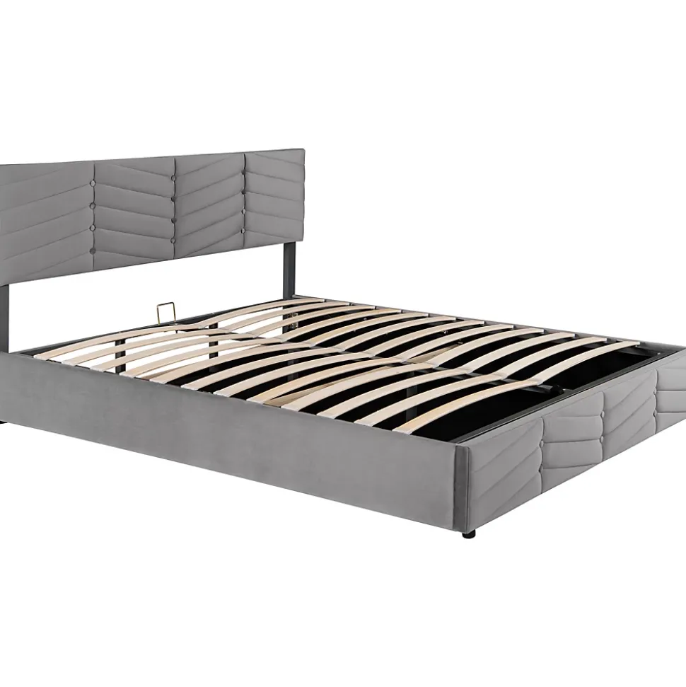 Lit 160x200 cm avec rangement hydraulique, tête de lit réglable et revêtement velours gris élégant