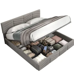 Lit 160x200 cm avec rangement hydraulique, tête de lit réglable et revêtement velours gris élégant