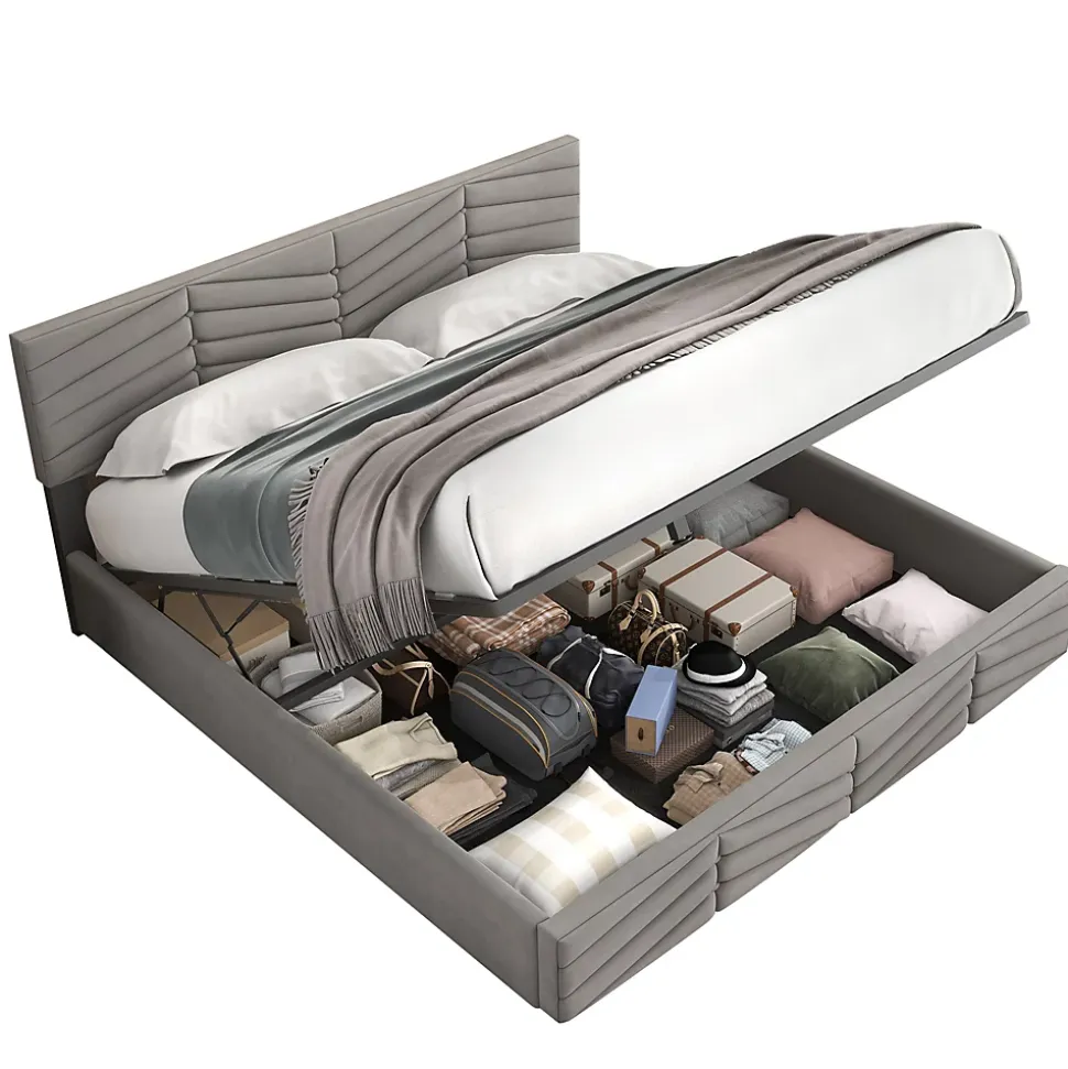Lit 160x200 cm avec rangement hydraulique, tête de lit réglable et revêtement velours gris élégant