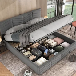 Lit 160x200 cm avec rangement hydraulique, tête de lit réglable et revêtement velours gris élégant