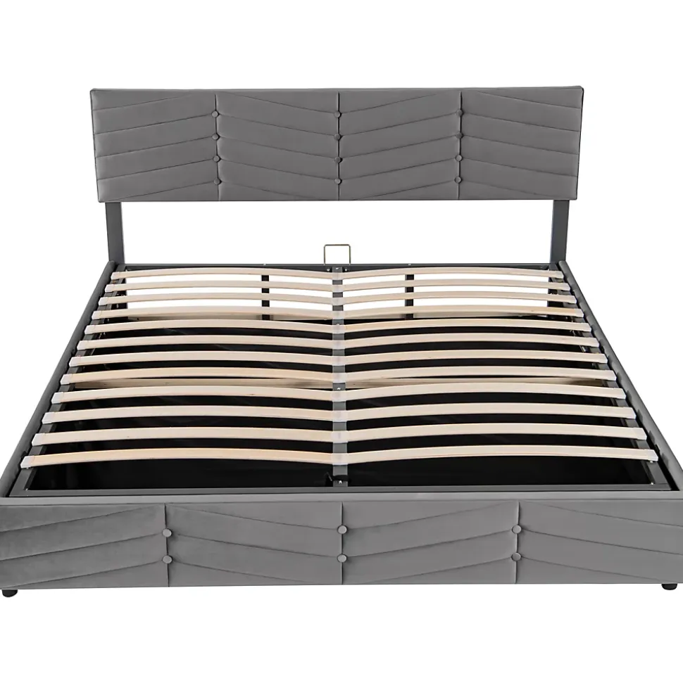 Lit 160x200 cm avec rangement hydraulique, tête de lit réglable et revêtement velours gris élégant