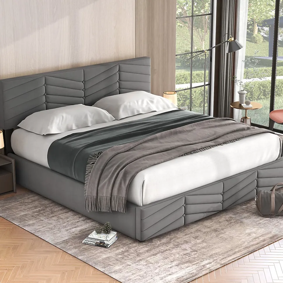 Lit 160x200 cm avec rangement hydraulique, tête de lit réglable et revêtement velours gris élégant