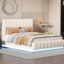 Lit 140x200 cm avec rangement hydraulique et éclairage LED, tapissé similicuir blanc, tête de lit réglable