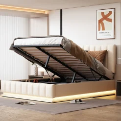 Lit 140x200 cm avec rangement hydraulique et éclairage LED, tapissé similicuir blanc, tête de lit réglable