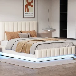 Lit 140x200 cm avec rangement hydraulique et éclairage LED, tapissé similicuir blanc, tête de lit réglable