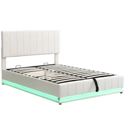Lit 140x200 cm avec rangement hydraulique et éclairage LED, tapissé similicuir blanc, tête de lit réglable