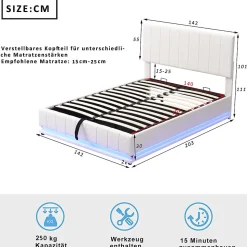 Lit 140x200 cm avec rangement hydraulique et éclairage LED, tapissé similicuir blanc, tête de lit réglable