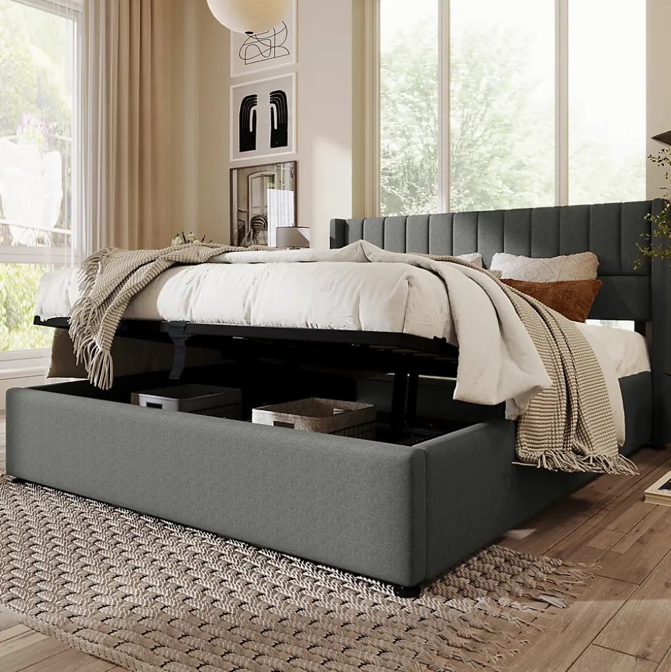 Lit 140x200 cm avec rangement hydraulique, tête de lit rembourrée en lin gris et cadre bois-métal élégant