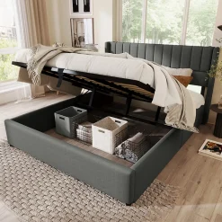 Lit 140x200 cm avec rangement hydraulique, tête de lit rembourrée en lin gris et cadre bois-métal élégant