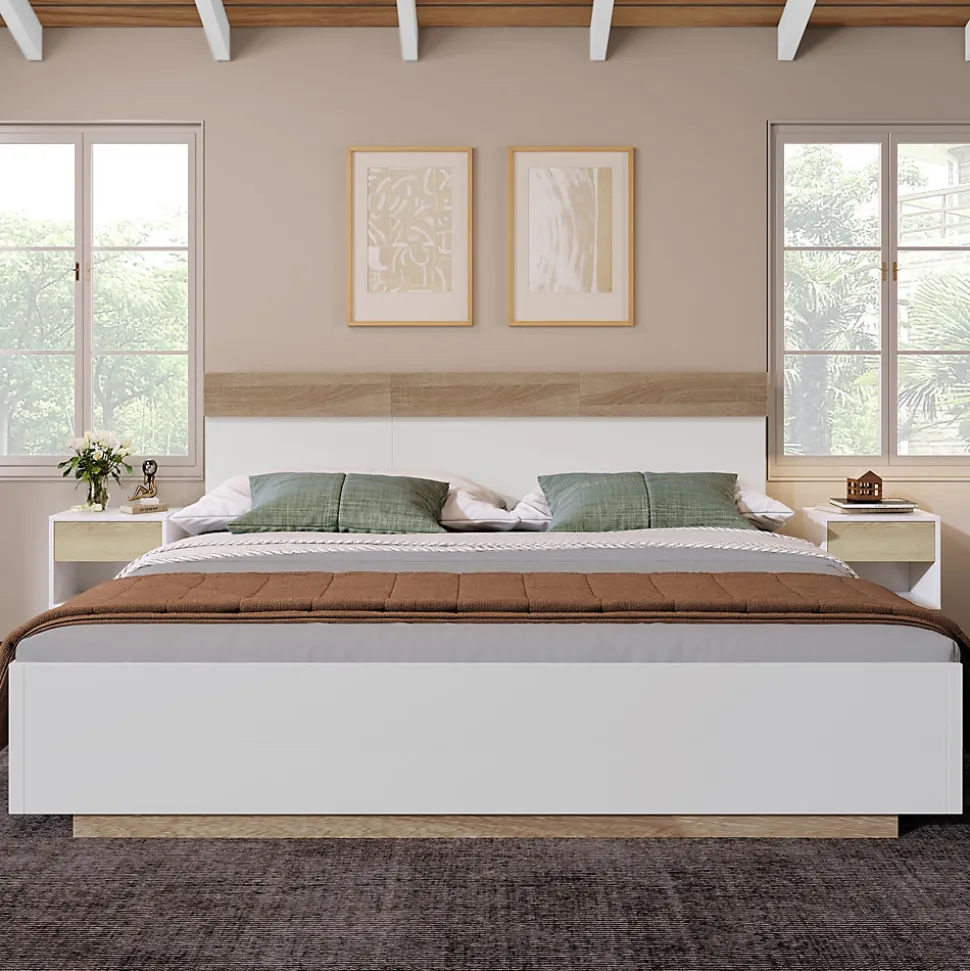 Lit 180x200 cm avec rangement intégré et tête de lit décor chêne Sonoma, design flottant moderne