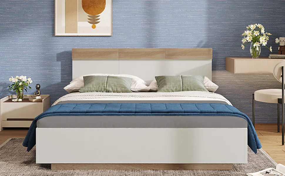 Lit 180x200 cm avec rangement intégré et tête de lit décor chêne Sonoma, design flottant moderne