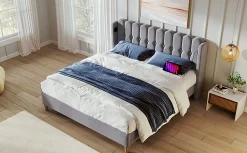 Lit 180x200 cm avec rangement integre et tete de lit tapissee en lin gris, station de charge USB et Type C