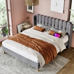 Lit 180x200 cm avec rangement integre et tete de lit tapissee en lin gris, station de charge USB et Type C