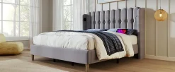 Lit 180x200 cm avec rangement integre et tete de lit tapissee en lin gris, station de charge USB et Type C