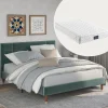 Lit 140x200 cm avec rangement sous-lit et tête de lit capitonnée en velours vert, cadre bois massif
