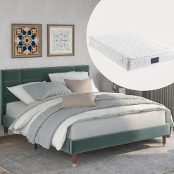 Lit 140x200 cm avec rangement sous-lit et tête de lit capitonnée en velours vert, cadre bois massif