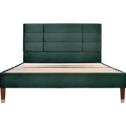 Lit 140x200 cm avec rangement sous-lit et tête de lit capitonnée en velours vert, cadre bois massif