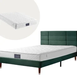 Lit 140x200 cm avec rangement sous-lit et tête de lit capitonnée en velours vert, cadre bois massif