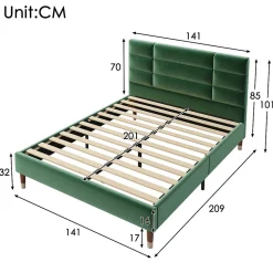 Lit 140x200 cm avec rangement sous-lit et tête de lit capitonnée en velours vert, cadre bois massif