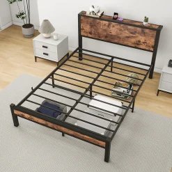 Lit 140x200 cm avec rangement sous-lit 27 cm, cadre métal et MDF, coloris brun antique, silencieux