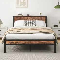 Lit 140x200 cm avec rangement sous-lit 27 cm, cadre métal et MDF, coloris brun antique, silencieux