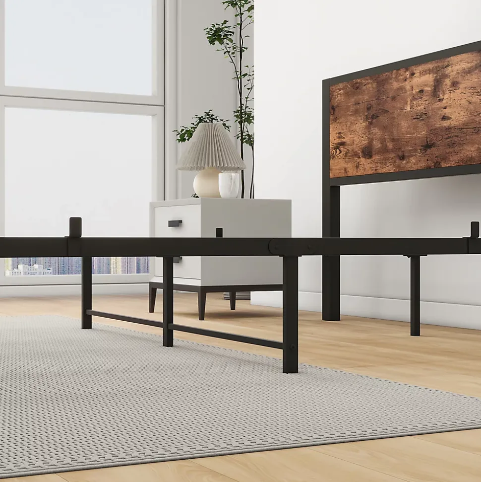 Lit 140x200 cm avec rangement sous-lit 27 cm, cadre métal et MDF, coloris brun antique, silencieux