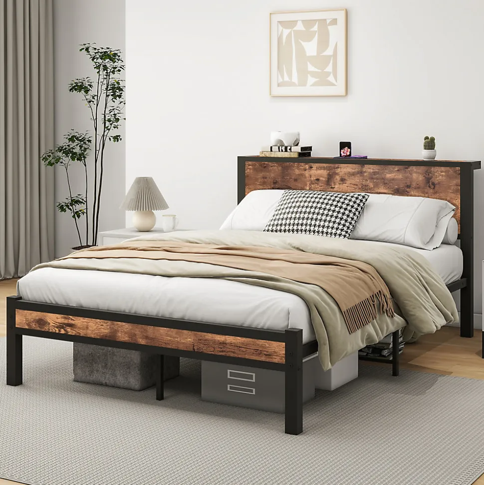 Lit 140x200 cm avec rangement sous-lit 27 cm, cadre métal et MDF, coloris brun antique, silencieux