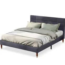 Lit 140x200 cm avec rangement sous-lit et tête de lit rembourrée en lin gris, cadre bois massif