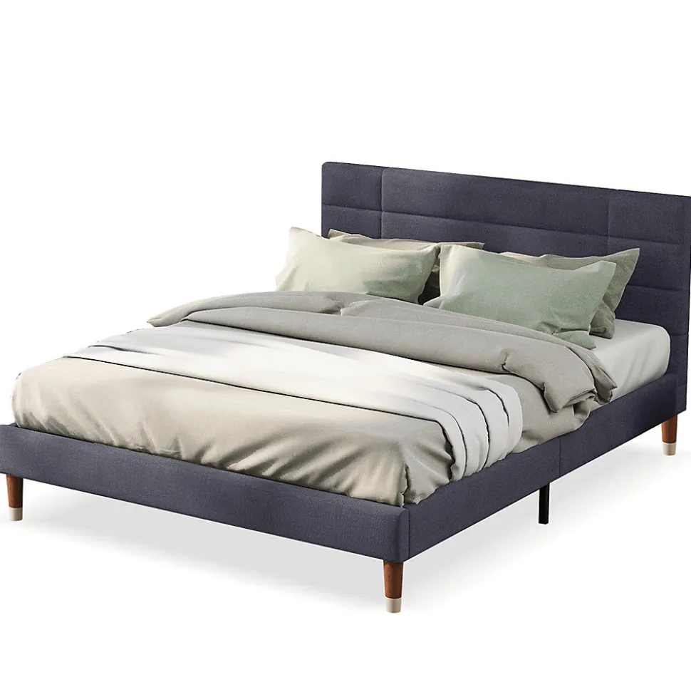 Lit 140x200 cm avec rangement sous-lit et tête de lit rembourrée en lin gris, cadre bois massif