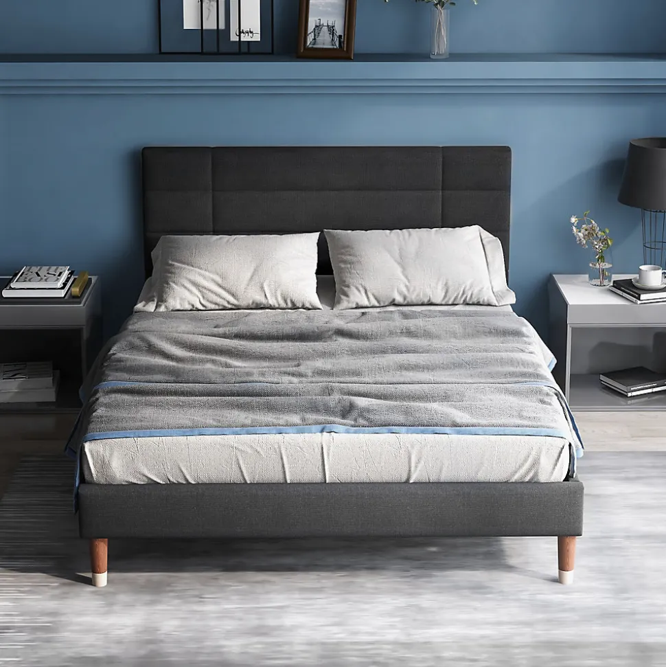 Lit 140x200 cm avec rangement sous-lit et tête de lit rembourrée en lin gris, cadre bois massif