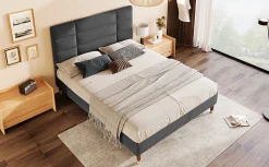 Lit 140x200 cm avec rangement sous-lit et tête de lit rembourrée en lin gris, cadre bois massif