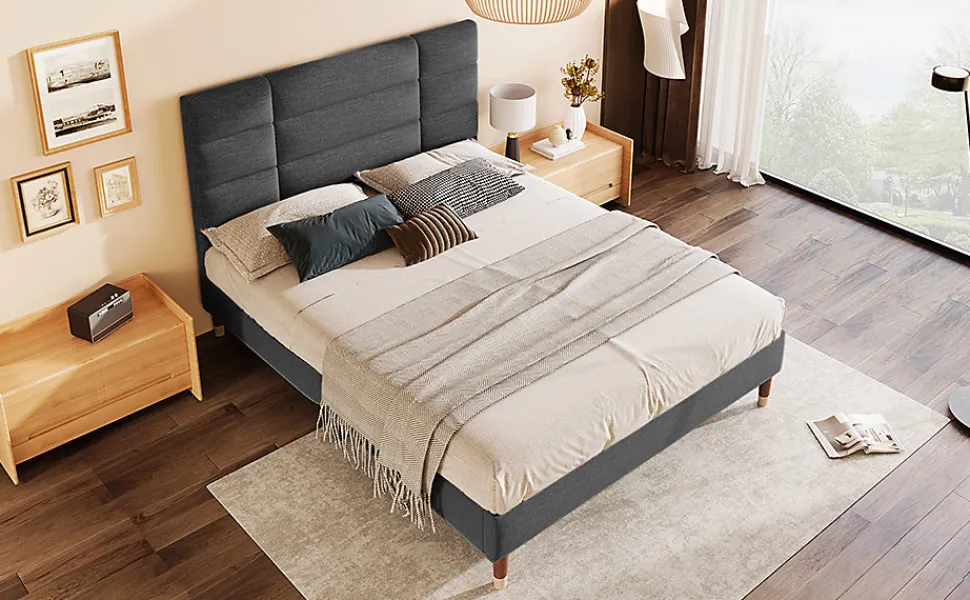 Lit 140x200 cm avec rangement sous-lit et tête de lit rembourrée en lin gris, cadre bois massif