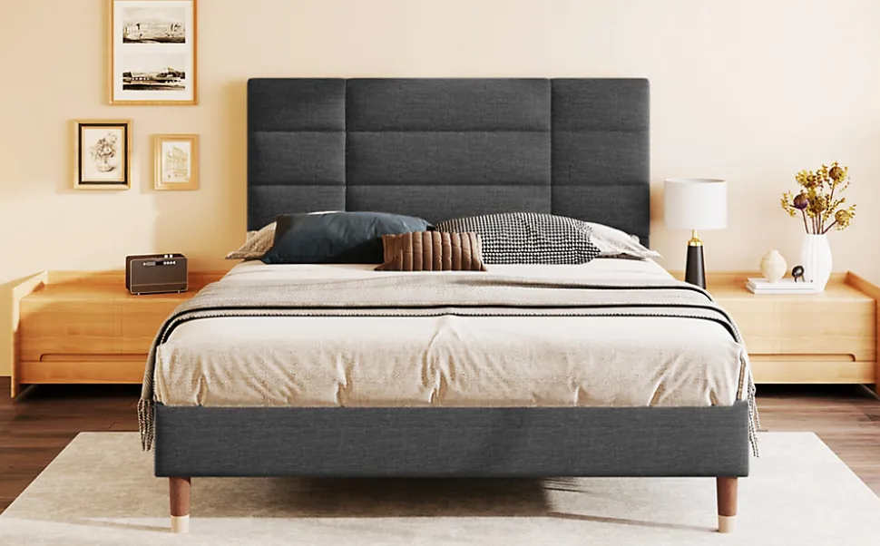 Lit 140x200 cm avec rangement sous-lit et tête de lit rembourrée en lin gris, cadre bois massif