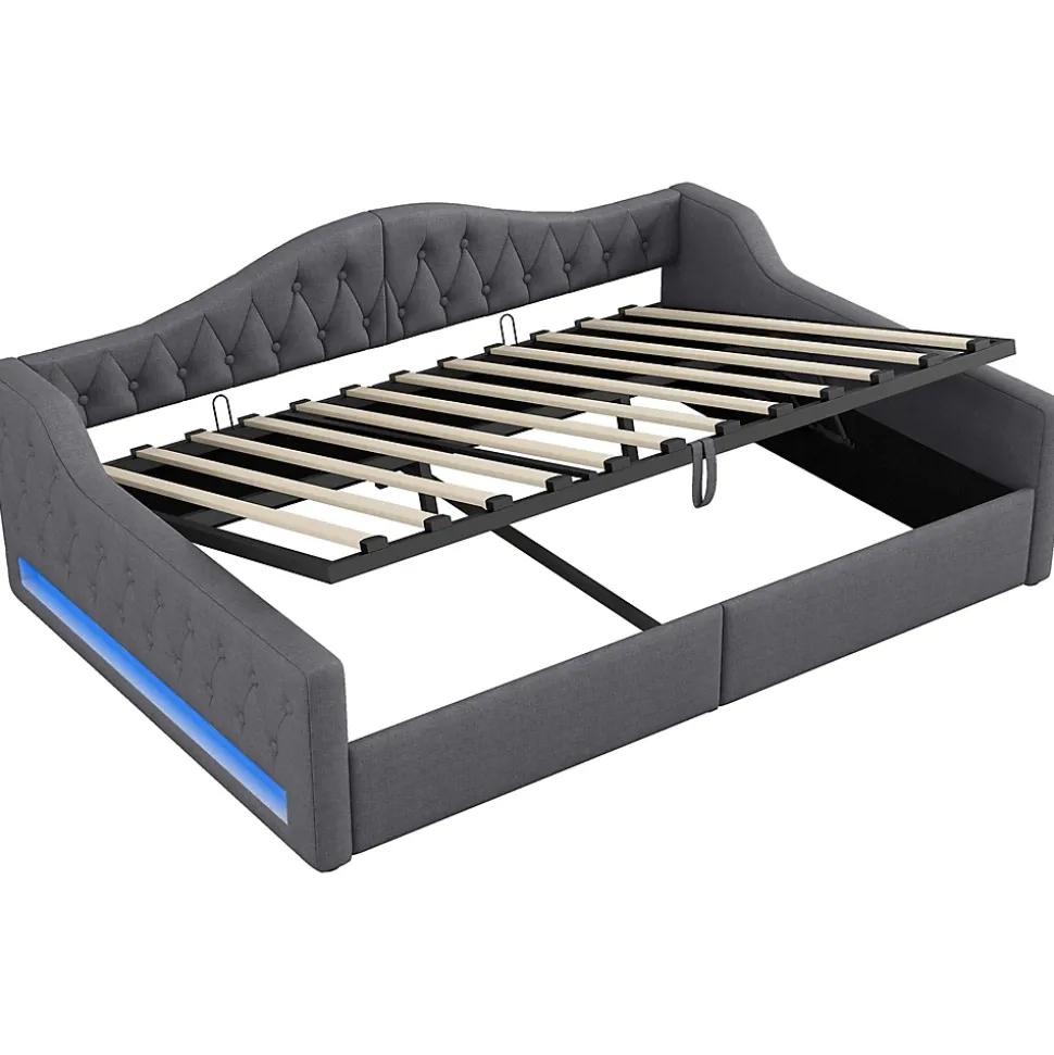 Lit 140x200 cm avec rangement sous le cadre et éclairage LED, tapissé lin gris, cadre bois robuste