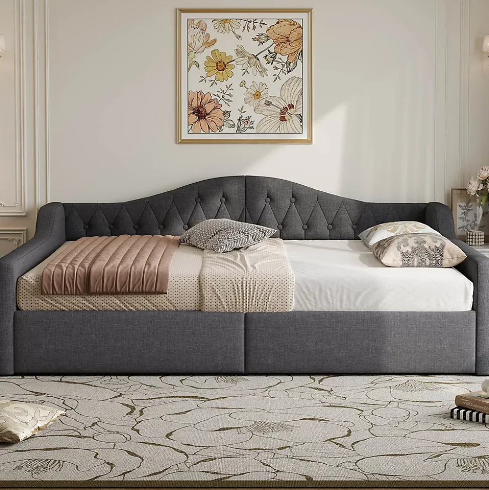 Lit 140x200 cm avec rangement sous le cadre et éclairage LED, tapissé lin gris, cadre bois robuste