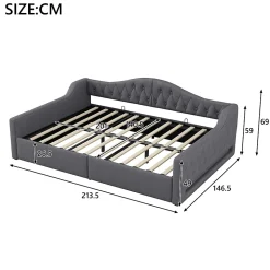 Lit 140x200 cm avec rangement sous le cadre et éclairage LED, tapissé lin gris, cadre bois robuste