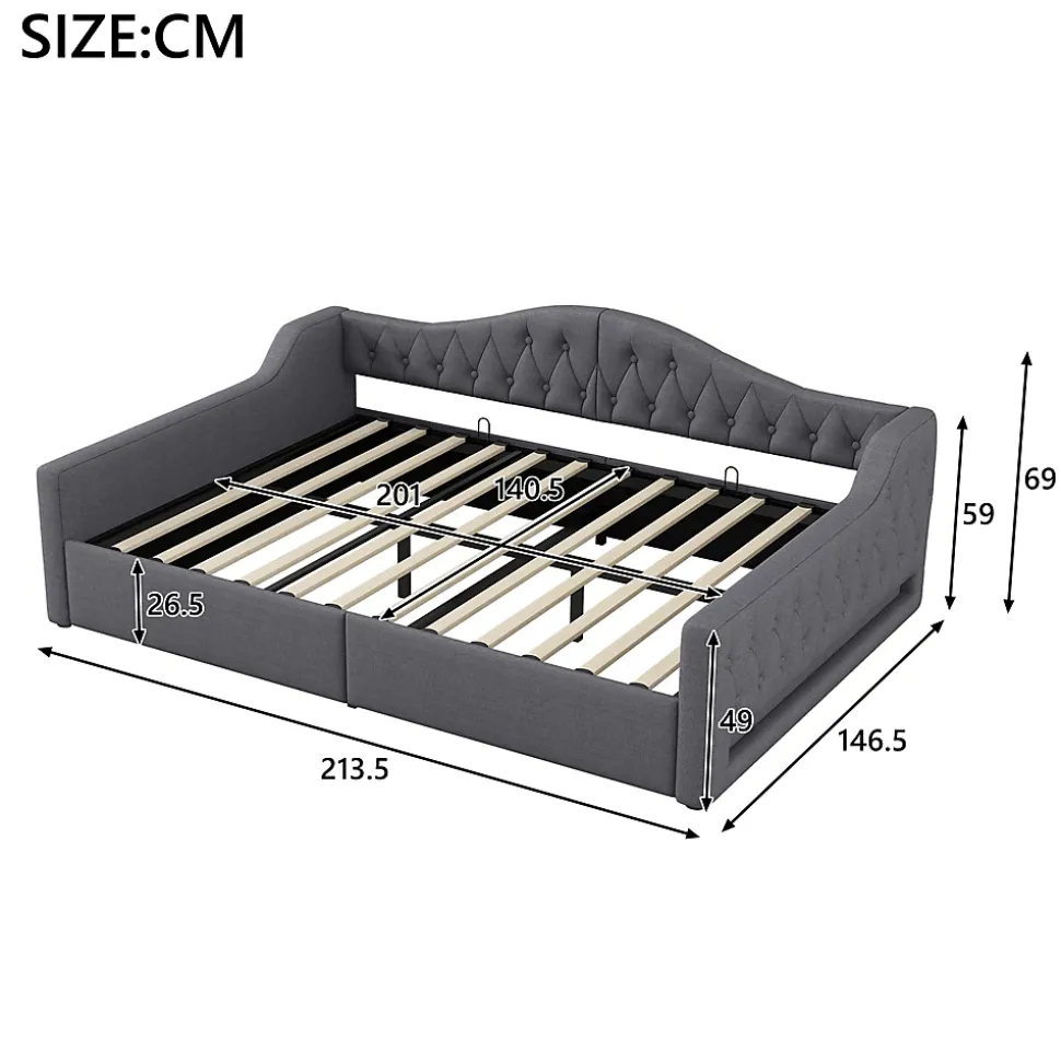 Lit 140x200 cm avec rangement sous le cadre et éclairage LED, tapissé lin gris, cadre bois robuste