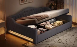 Lit 140x200 cm avec rangement sous le cadre et éclairage LED, tapissé lin gris, cadre bois robuste