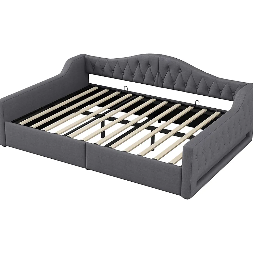 Lit 140x200 cm avec rangement sous le cadre et éclairage LED, tapissé lin gris, cadre bois robuste