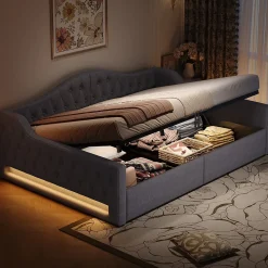 Lit 140x200 cm avec rangement sous le cadre et éclairage LED, tapissé lin gris, cadre bois robuste