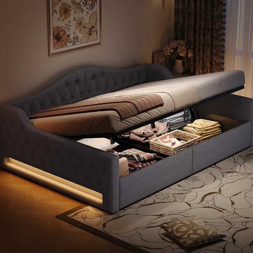 Lit 140x200 cm avec rangement sous le cadre et éclairage LED, tapissé lin gris, cadre bois robuste