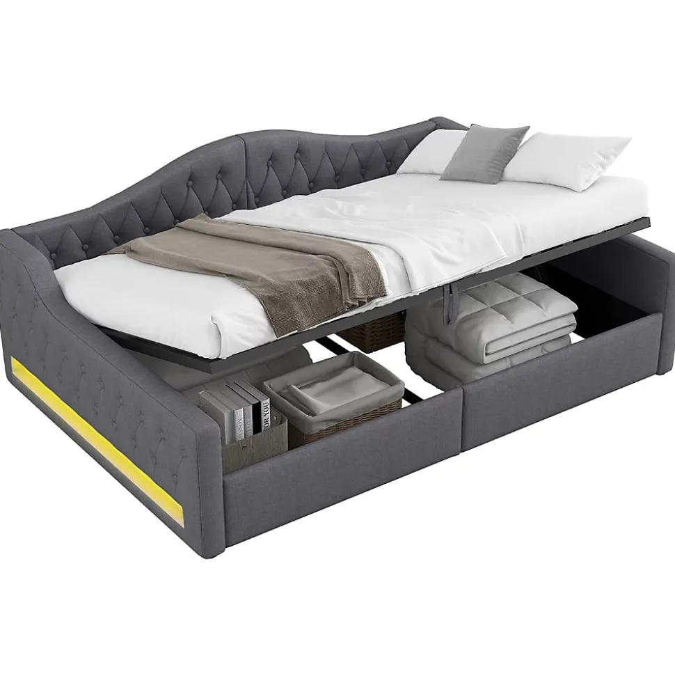 Lit 140x200 cm avec rangement sous le cadre et éclairage LED, tapissé lin gris, cadre bois robuste