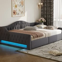 Lit 140x200 cm avec rangement sous le cadre et éclairage LED, tapissé lin gris, cadre bois robuste